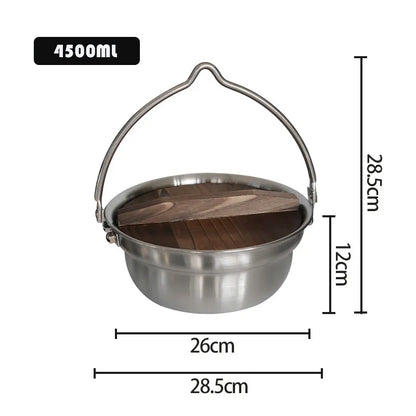 Outdoor Camping Portable 304 Stainless Steel Camping Pot Campfire Hanging Pot Cooking Pot Wood Lid Portable Pot