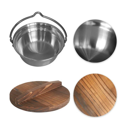 Outdoor Camping Portable 304 Stainless Steel Camping Pot Campfire Hanging Pot Cooking Pot Wood Lid Portable Pot